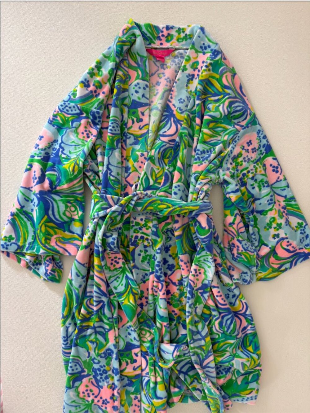 Lilly Pulitzer Tropical Print Velour Robe S/M Blue Pink Green
